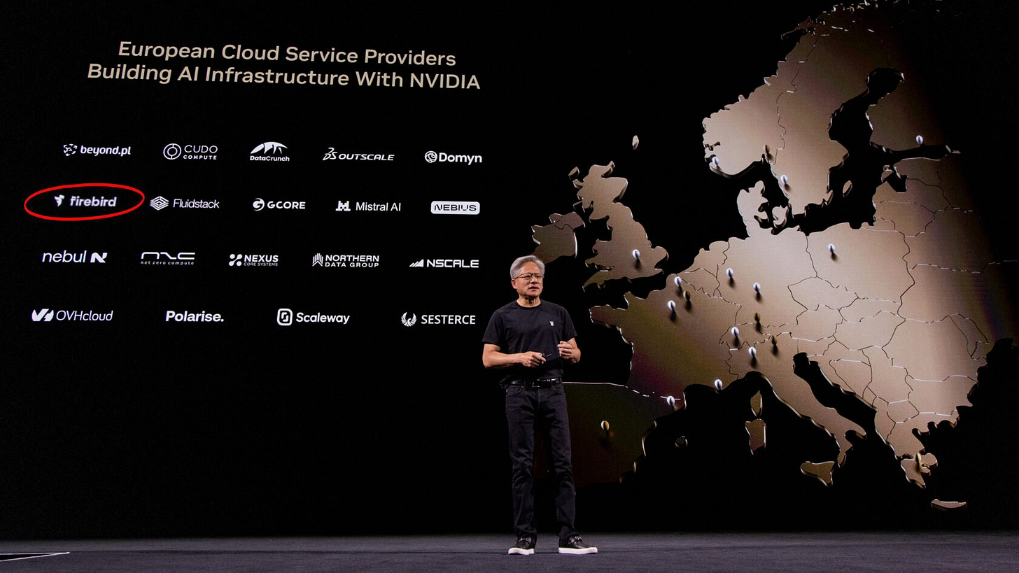 Nvidia CEO Jensen Huang delivers a keynote speech at VivaTech 2025 listing Firebird as one of the companies that are building AI infrastructure with Nvidia. (Photo: Armenian High Technology Minister Mkhitar Hayrapetyan’s official Facebook page)