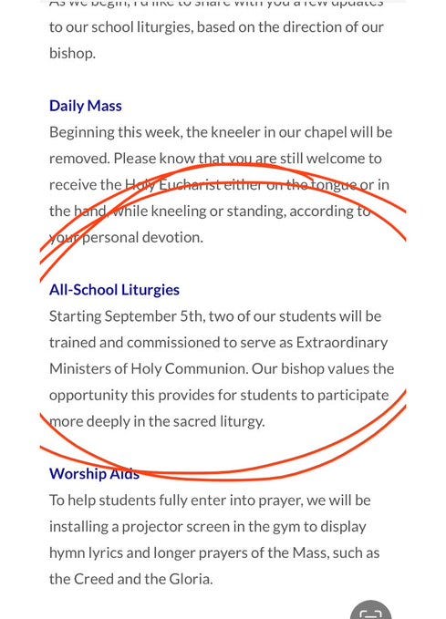A screenshot of text from a church announcement. The text includes sections titled "Daily Mass," "All-School Liturgies," and "Worship Aids." It mentions kneelers, the Holy Eucharist, Extraordinary Ministers of Holy Communion, and a projector screen in the gym.