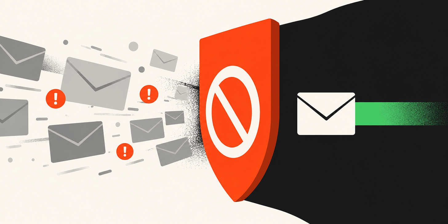 Abstract illustration of unwanted email messages being stopped by a bold red blocking shield, while a single approved message passes safely through. Alt-text produced with assistance from ChatGPT.