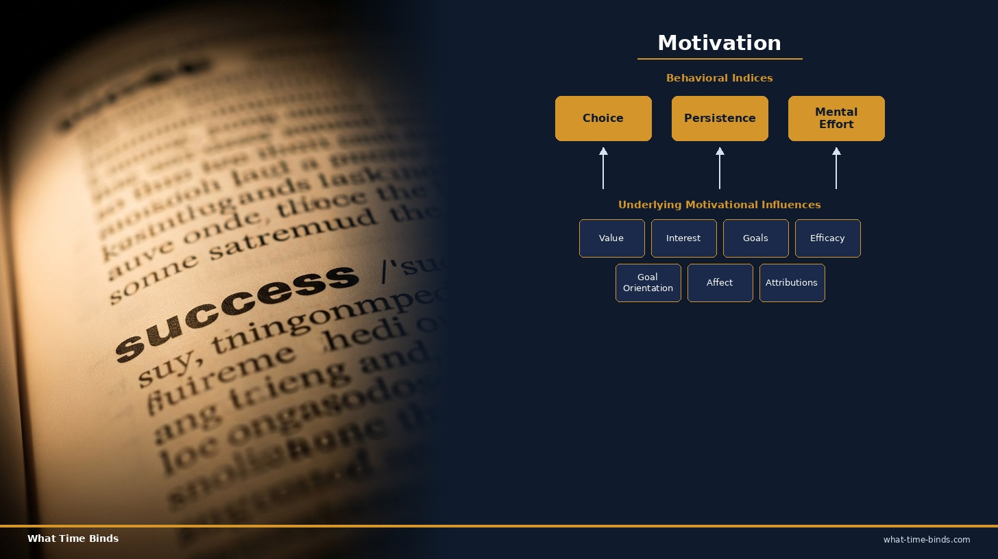 Dictionary page with the word "success" in sharp focus and surrounding definition text blurred, beside a motivation science diagram showing three behavioral indices (Choice, Persistence, Mental Effort) driven by seven underlying motivational influences (Value, Interest, Goals, Efficacy, Goal Orientation, Affect, Attributions). Framework adapted from USC Rossier School of Education. Dictionary page with the word "success" in sharp focus and surrounding definition text blurred, beside a motivation science diagram showing three behavioral indices (Choice, Persistence, Mental Effort) driven by seven underlying motivational influences (Value, Interest, Goals, Efficacy, Goal Orientation, Affect, Attributions). Framework adapted from USC Rossier School of Education.