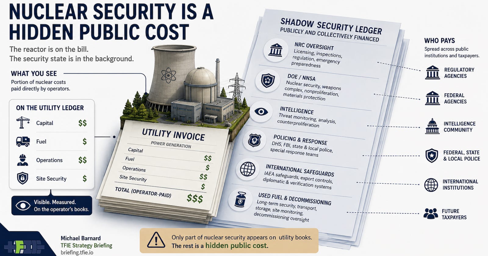 TFIE infographic showing nuclear security costs spread across international safeguards, federal agencies, intelligence, policing, regulators and nuclear plant security, with only part charged directly to operators.