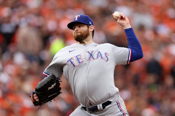 Jordan Montgomery of the Texas Rangers pitches during the first inning against the Baltimore Orioles in Game Two of the Division Series at Oriole...