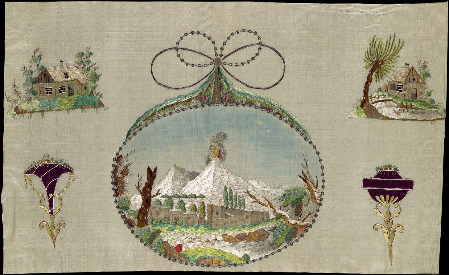 Plates: engraving, hand colored engraving, silk and metal thread embroidery on silk on one page