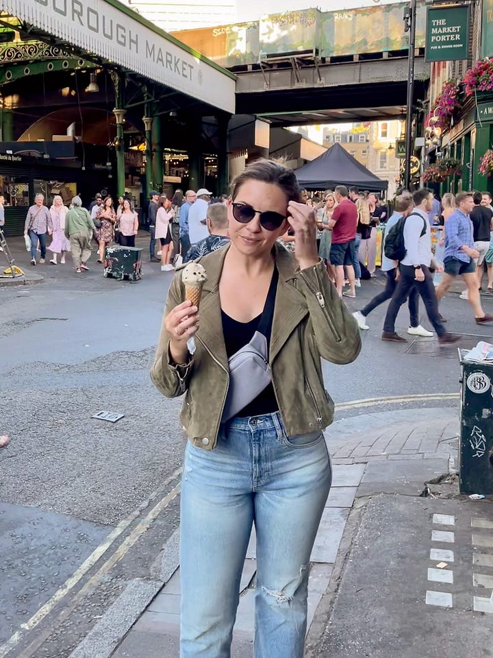 Eating ice cream at Borough Market and standing by the banks of the Thames, looking into the sun.