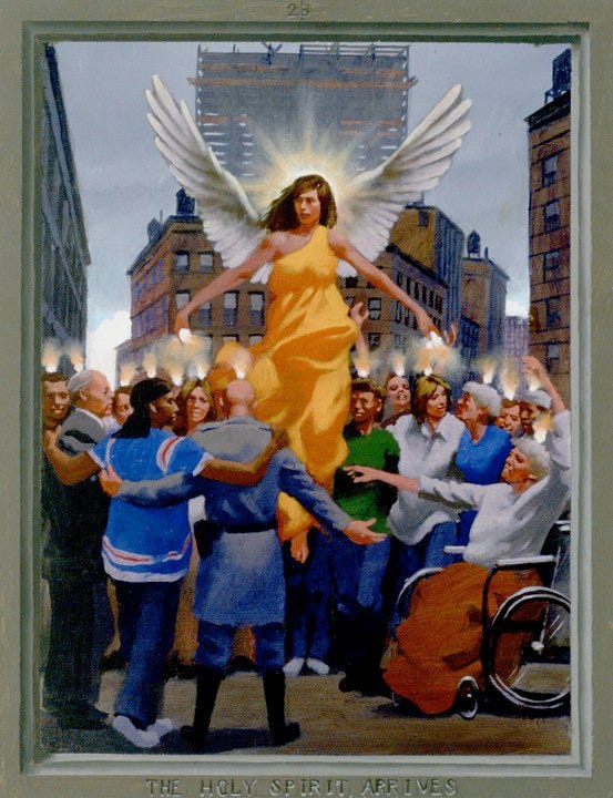 “The Holy Spirit Arrives” from The Passion of Christ: A Gay Vision by Douglas Blanchard. The Holy Spirit hovers over a diverse city crowd like an angel. Tongues of flame appear above the people’s heads as in the account of Pentecost in Acts 2.