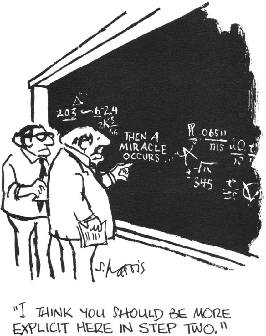 Mathematicians stand in front of a chalkboard looking at an equation that has a "miraculous step" in the middle of it. Mathematicians stand in front of a chalkboard looking at an equation that has a "miraculous step" in the middle of it.