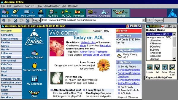 A version of the AOL homepage, the Internet's first 'super app'.