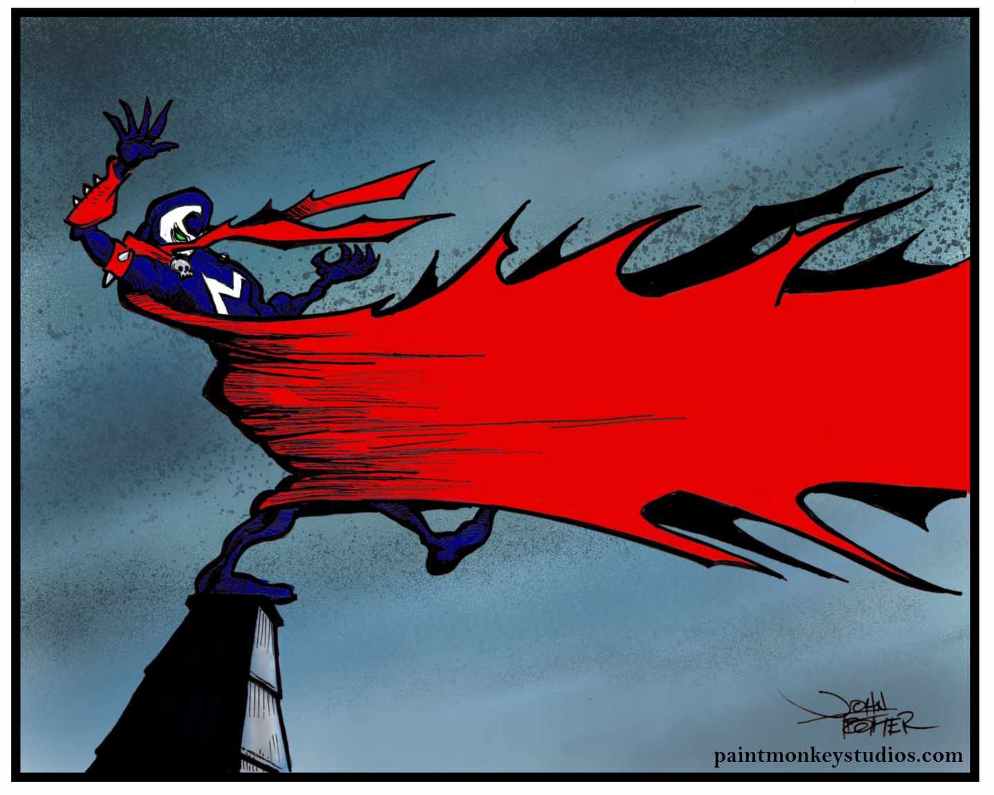 Ink and digital cartoon of Spawn being blown around atop a chimney of some sort.