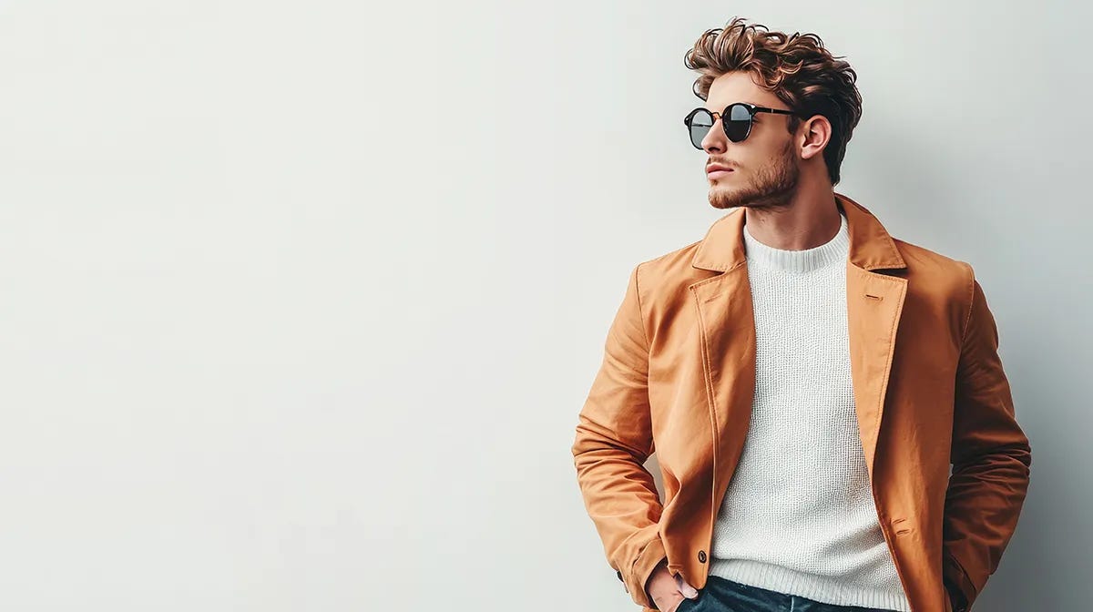 Stylish young man in sunglasses and orange jacket leaning against white wall Stylish young man in sunglasses and orange jacket leaning against white wall