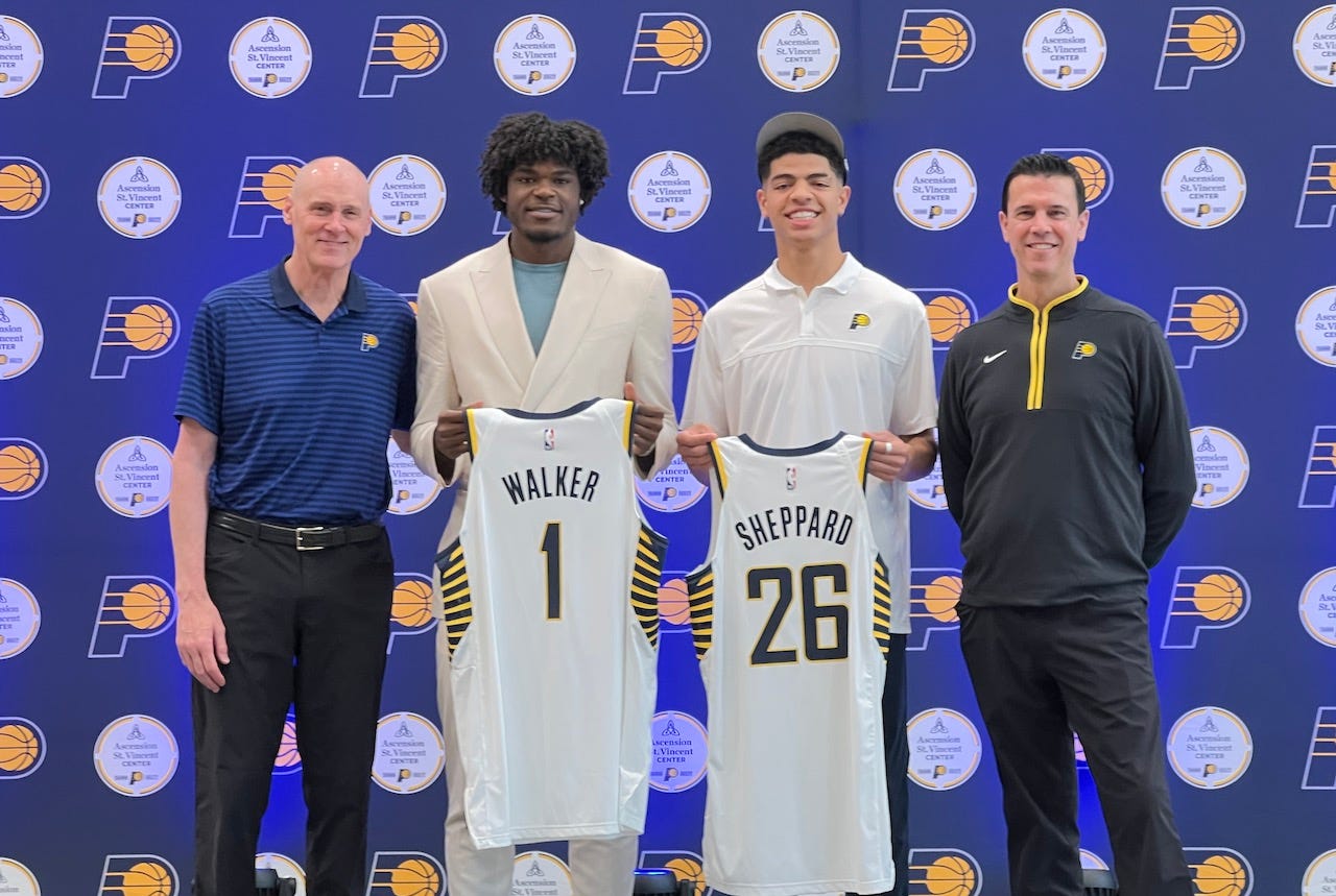 Head coach Rick Carlisle, GM Chad Buchanan with the 2023 first-round picks.