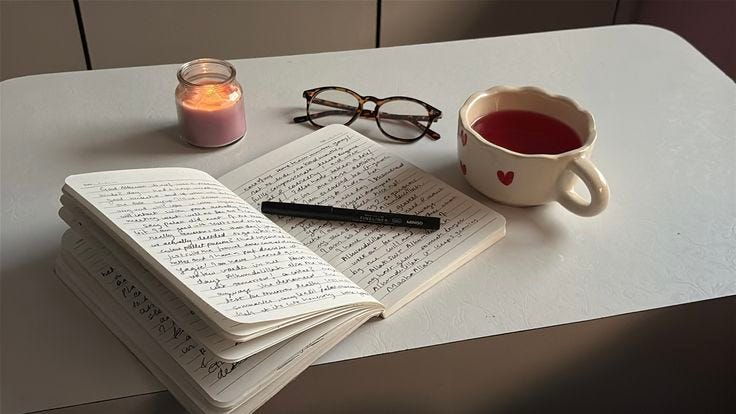 Journaling con velas, café o tu té preferido. Tiempo para ti.