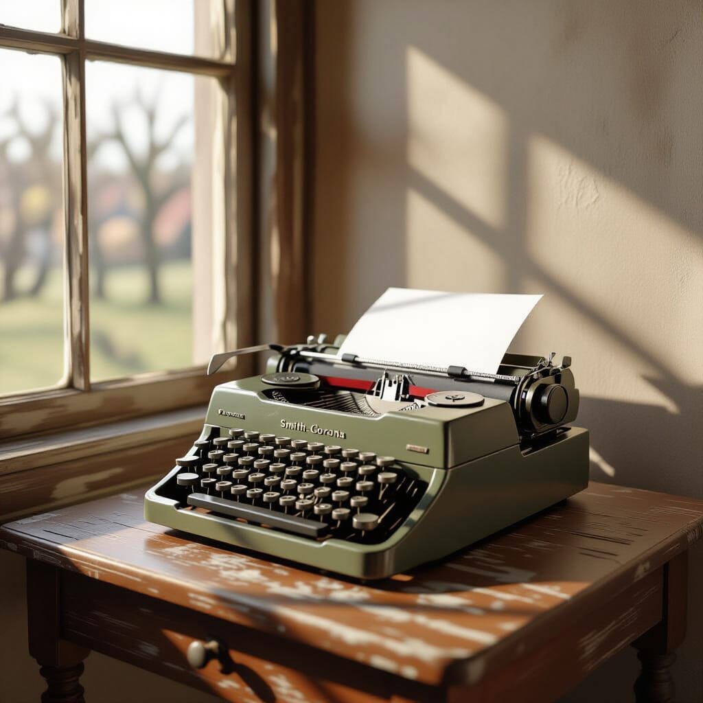 A vintage Smith-Corona manual typewriter sits on a worn wooden table next to an open window in a plain house. Sunlight streams through the window, casting soft shadows on the wall and illuminating the olive-green typewriter with a sheet of paper inserted, evoking a quiet, nostalgic atmosphere.