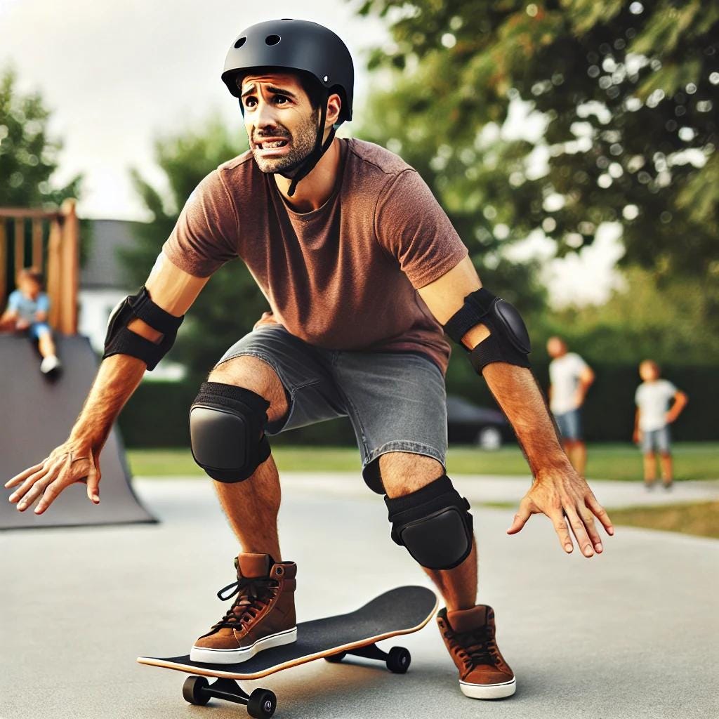 An image of a dad looking nervous struggling to ride a skateboard.
