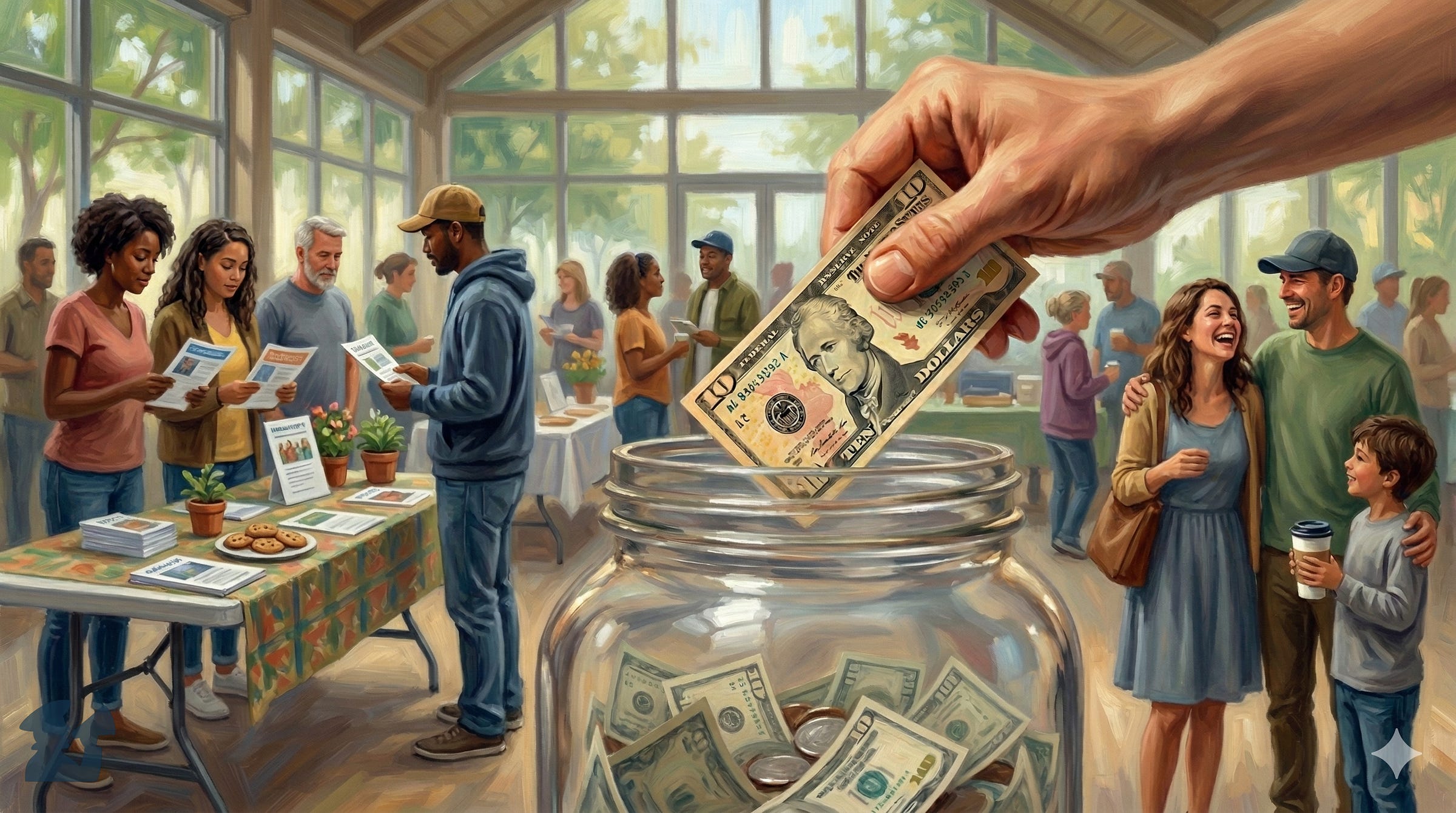 An illustration of a hand placing a $10 bill into a large, cash-filled donation jar. In the background, diverse groups of people gather around tables at a bustling candidate fundraising event.