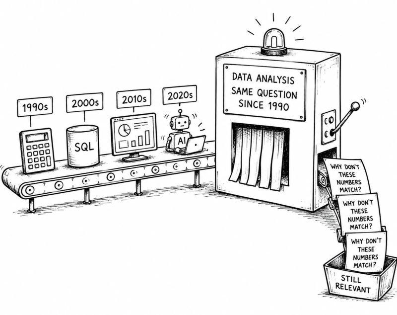 Black-and-white illustration of a conveyor belt showing data analysis tools evolving from a calculator (1990s) to SQL (2000s), dashboards (2010s), and AI (2020s), all feeding into a machine labeled "Data Analysis Same Question Since 1990." The machine repeatedly outputs pages reading "Why don't these numbers match?" into a bin labeled "Still Relevant."