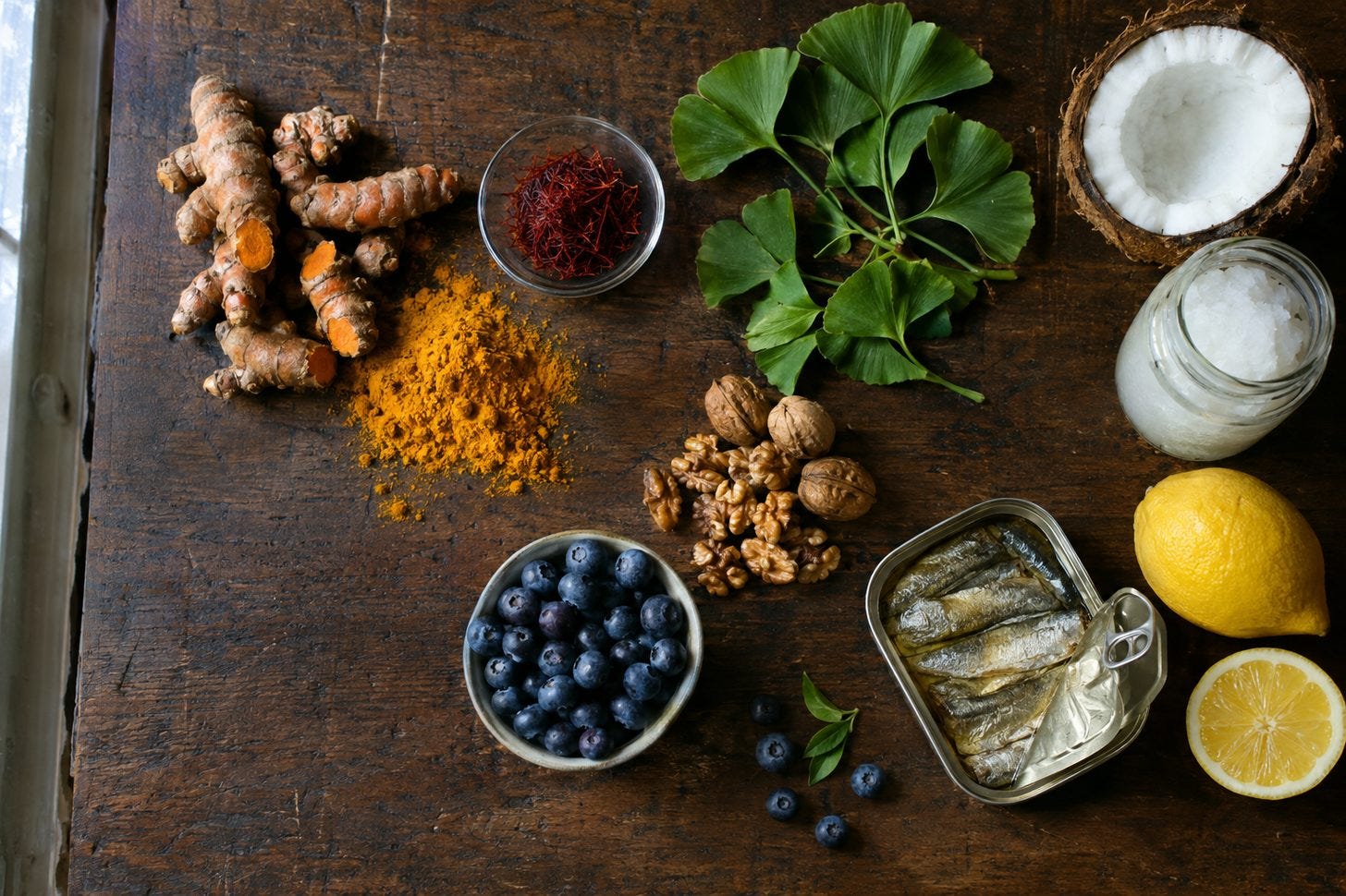 Turmeric, saffron, ginkgo, coconut, walnuts, blueberries and sardines — an anti-Alzheimer's pantry.