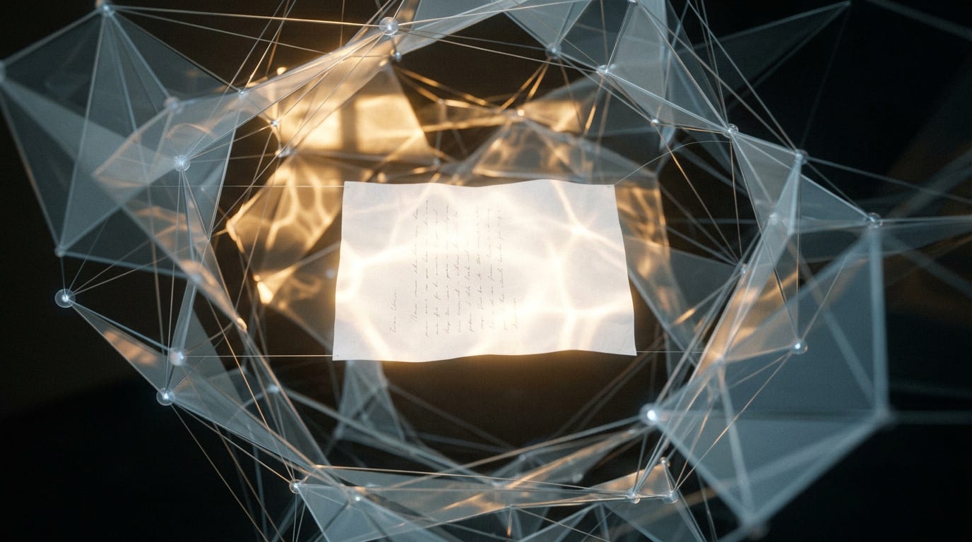 A softly luminous sheet of white paper, slightly glowing from within, suspended in a dark space. The paper appears to be floating at the center of translucent, layered geometric structures that suggest neural network architecture — thin, interconnected planes of pale blue-gray glass with faint node-and-edge patterns visible within them. Warm golden light filters through from behind the layers, as if daylight is visible through the machine's structure, creating soft caustic light patterns on the paper's surface. The paper has faint text visible but not legible — suggesting a letter, not displaying one. The composition is centered, almost portrait-like, with shallow depth of field. The foreground layers are slightly out of focus, creating a sense of being inside and looking at something intimate. The mood is quiet, contemplative, and unexpectedly tender. Photorealistic with subtle abstraction. Color palette: warm amber light, cool translucent blue-gray structure, soft white paper glow against deep shadow. Vertical aspect ratio, 9:16 or 2:3. A softly luminous sheet of white paper, slightly glowing from within, suspended in a dark space. The paper appears to be floating at the center of translucent, layered geometric structures that suggest neural network architecture — thin, interconnected planes of pale blue-gray glass with faint node-and-edge patterns visible within them. Warm golden light filters through from behind the layers, as if daylight is visible through the machine's structure, creating soft caustic light patterns on the paper's surface. The paper has faint text visible but not legible — suggesting a letter, not displaying one. The composition is centered, almost portrait-like, with shallow depth of field. The foreground layers are slightly out of focus, creating a sense of being inside and looking at something intimate. The mood is quiet, contemplative, and unexpectedly tender. Photorealistic with subtle abstraction. Color palette: warm amber light, cool translucent blue-gray structure, soft white paper glow against deep shadow. Vertical aspect ratio, 9:16 or 2:3.
