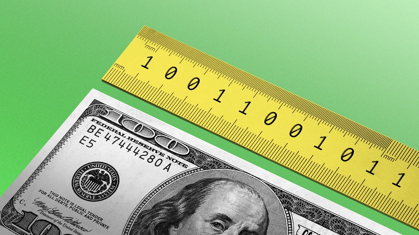 Illustration of a ruler with binary code in place of ordinary numbers measuring a hundred dollar bill Illustration of a ruler with binary code in place of ordinary numbers measuring a hundred dollar bill