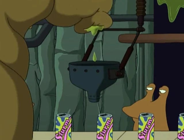 The queen excreting Slurm into cans for unsuspecting people to drink.