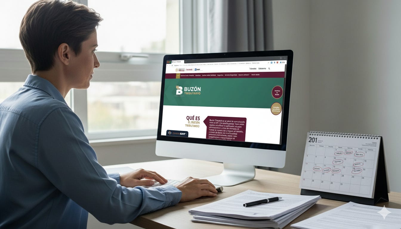 Una persona profesional revisando un requerimiento para atender el SAT en la pantalla de su computadora en un ambiente de oficina en casa.