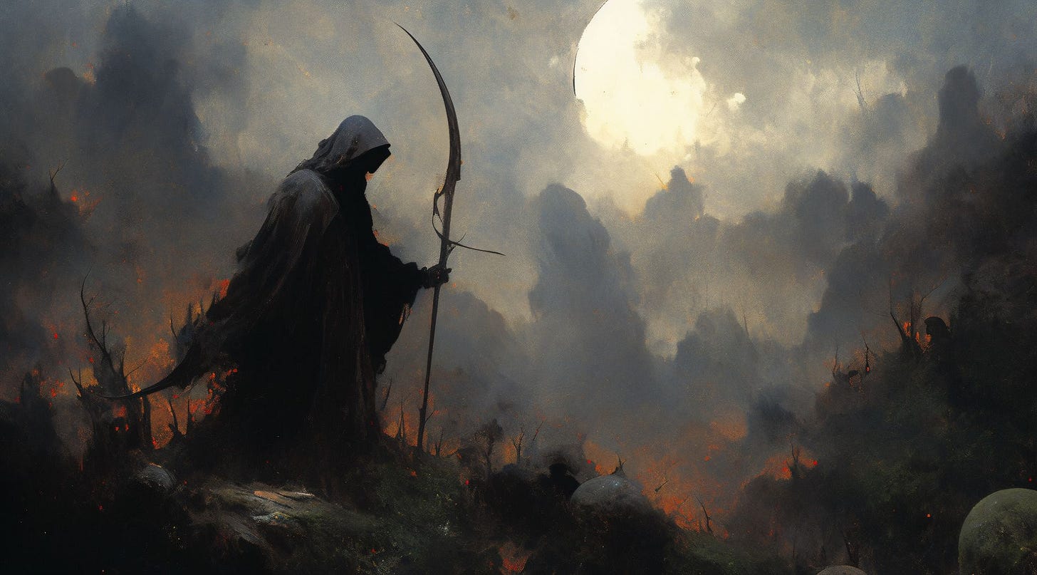 Death standing on a hill