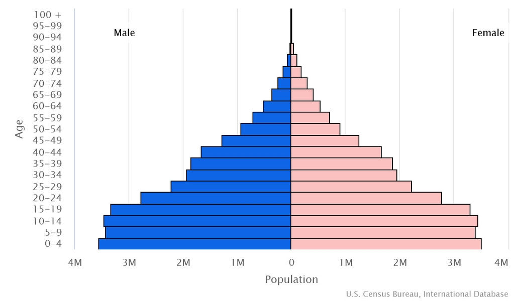 This is the population pyramid for Kenya. A population pyramid illustrates the age and sex structure of a country's population and may provide insights about political and social stability, as well as economic development. The population is distributed along the horizontal axis, with males shown on the left and females on the right. The male and female populations are broken down into 5-year age groups represented as horizontal bars along the vertical axis, with the youngest age groups at the bottom and the oldest at the top. The shape of the population pyramid gradually evolves over time based on fertility, mortality, and international migration trends. <br/><br/>For additional information, please see the entry for Population pyramid on the Definitions and Notes page.