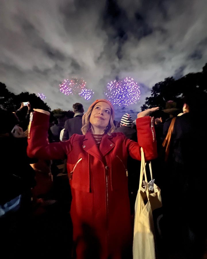 Photos of Katya enjoying her half birthday with friends. At the MET, at a cafe, at a Central Park drone show, at Tacos.