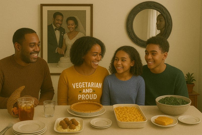 African-American family of four sitting around a plant-based food table, with a wedding picture and mirror behind it.
