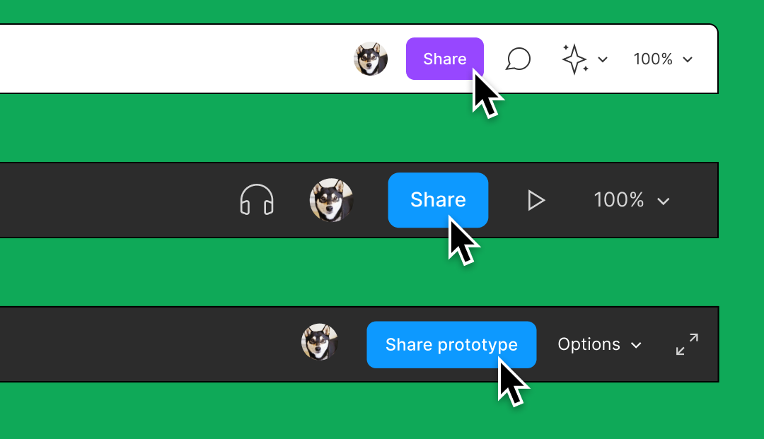 Figma interface showing multiple versions of the share button, highlighting how tools create natural distribution surfaces through collaboration.
