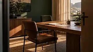 A sunlit meeting room with a wooden table, open notebook, two chairs and a view through the window.