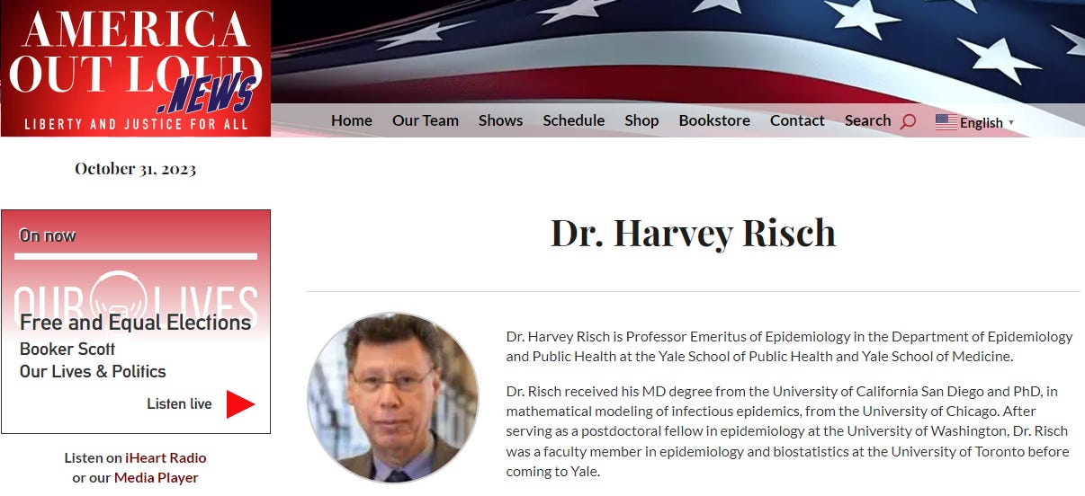 Yale Professor Harvey Risch will be interviewing me tonight in a pre-record for his podcast.
