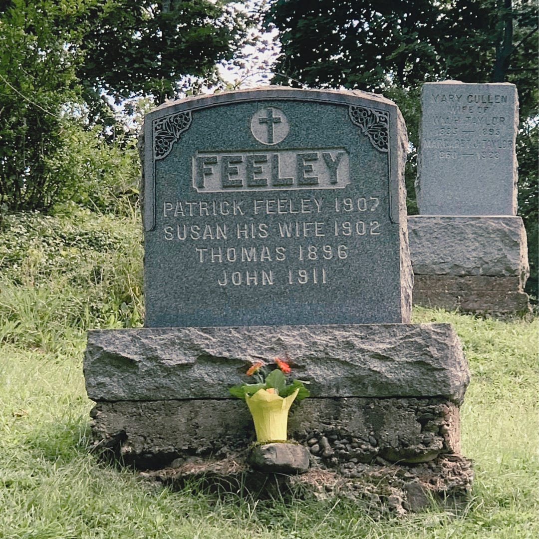 A photograph of a gravestone that reads "Patrick Feeley 1907, Susan his wife 1902, Thomas 1896, John 1911 A photograph of a gravestone that reads "Patrick Feeley 1907, Susan his wife 1902, Thomas 1896, John 1911