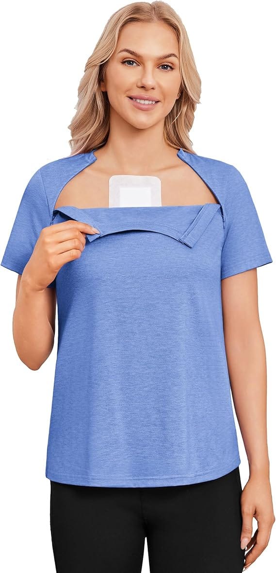 Deyeek Chemo Shirts for Port Access Women with 2 Hidden Side Zippers Post Surgery Short Sleeve Tear Away Adaptive Top Tees