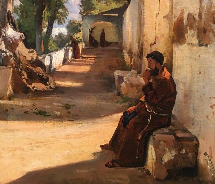 This may contain: a painting of a man sitting on a stone wall next to a tree filled street