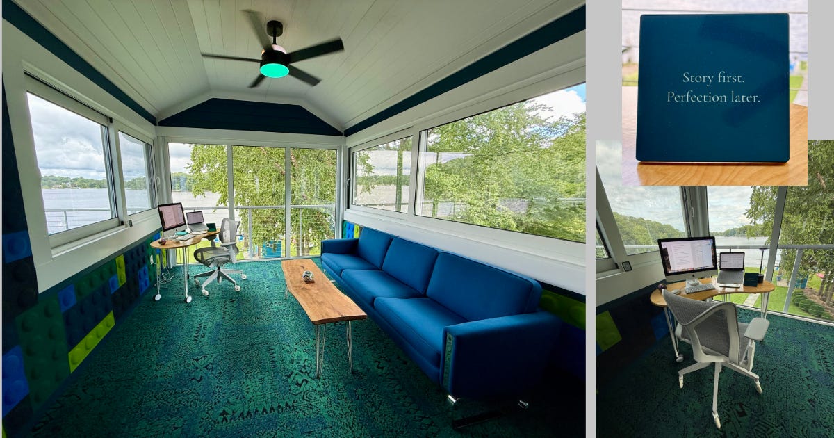 The completed Glass Box Office with new ceiling fan, desk, couch and sign that says Story first. Perfection later.