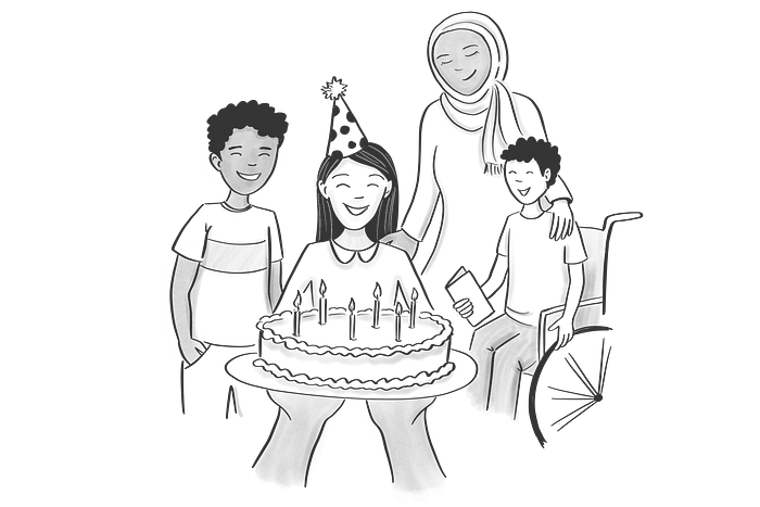Two outstretched arms hold a birthday cake out to young girl with a party hat. She is surrounded by smiling people. Two outstretched arms hold a birthday cake out to young girl with a party hat. She is surrounded by smiling people.