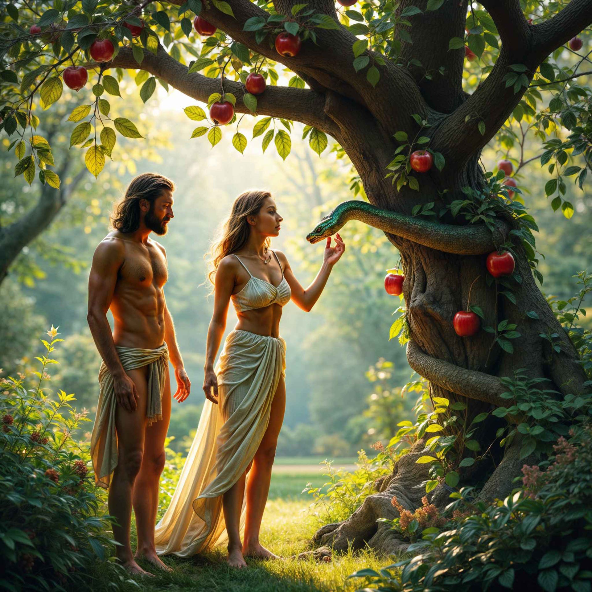 Adam and eve with the snake in Eden - an AI image