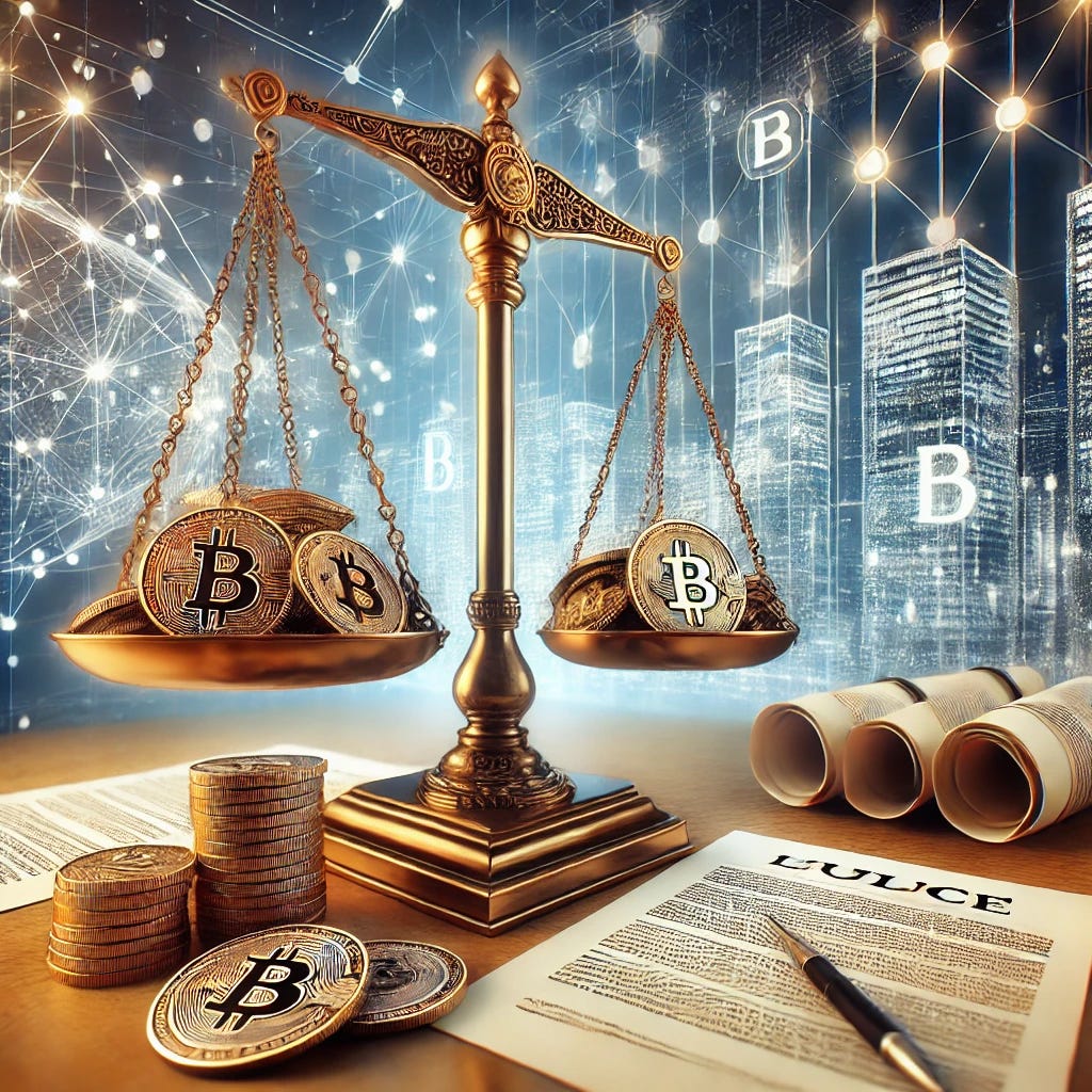 A detailed image representing the concept of a regulatory decision in the cryptocurrency world. The scene shows a balance scale with cryptocurrency coins on one side and legal documents on the other, symbolizing regulation and balance. Behind the scale, there is a futuristic cityscape with blockchain network visuals integrated into the buildings, representing the impact of regulations on the blockchain industry. The atmosphere is professional, with clean lines and a modern, sleek design.