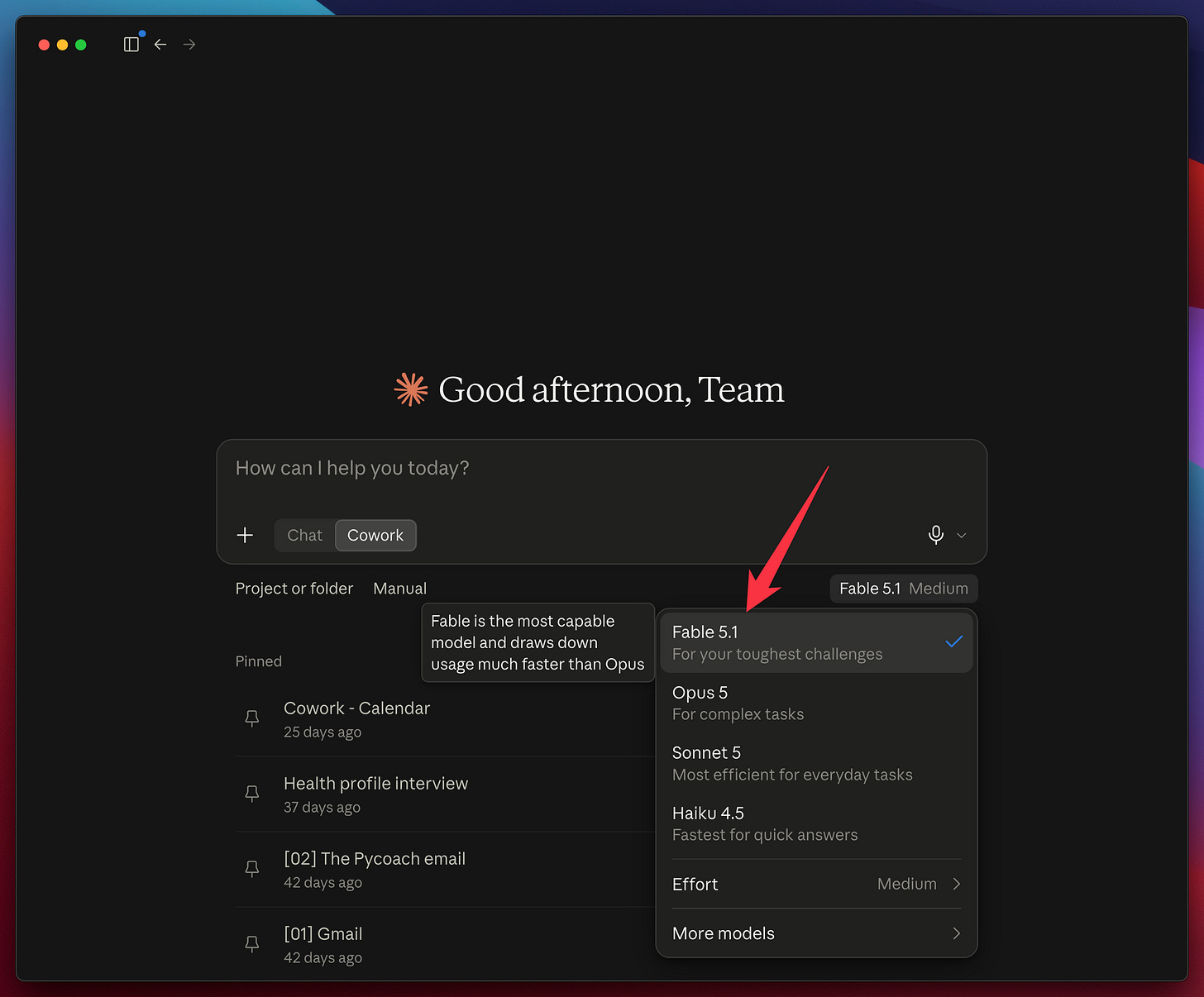 Picking Fable 5 in the Claude app. Chat and Cowork share the same box, so this choice covers both