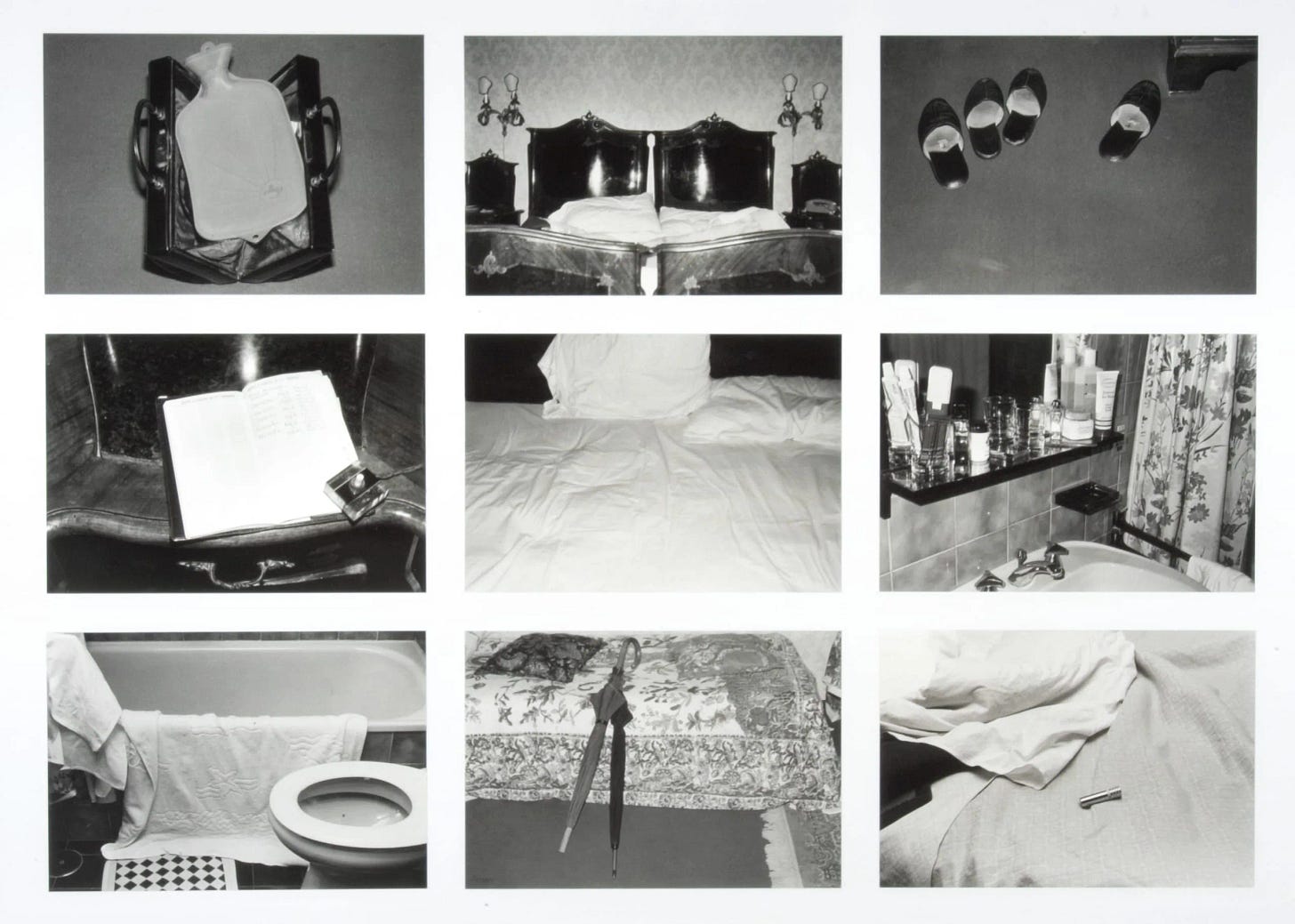 Gelatin silver print grid of nine black-and-white photographs documenting a hotel room interior: an ornate mirror, a double bed with baroque headboard, slippers on the floor, an open book in a bathtub, rumpled white bedding, toiletries on a bathroom shelf, a toilet with towels, a closed umbrella on a patterned bedspread, and a crumpled shirt with a lighter. Gelatin silver print grid of nine black-and-white photographs documenting a hotel room interior: an ornate mirror, a double bed with baroque headboard, slippers on the floor, an open book in a bathtub, rumpled white bedding, toiletries on a bathroom shelf, a toilet with towels, a closed umbrella on a patterned bedspread, and a crumpled shirt with a lighter.