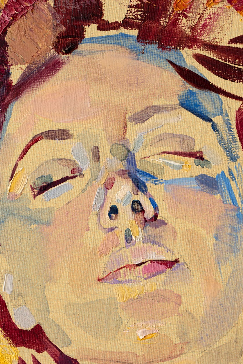 A close-up expressionist oil painting of a woman's face, eyes closed, head tilted slightly upward. Rendered in loose, expressive brushstrokes of warm gold, deep burgundy, dusty blue and soft rose. Her expression is still and inward — suggesting surrender, peace, or a moment of profound interior quiet. By Vadim Cherenko. A close-up expressionist oil painting of a woman's face, eyes closed, head tilted slightly upward. Rendered in loose, expressive brushstrokes of warm gold, deep burgundy, dusty blue and soft rose. Her expression is still and inward — suggesting surrender, peace, or a moment of profound interior quiet. By Vadim Cherenko.