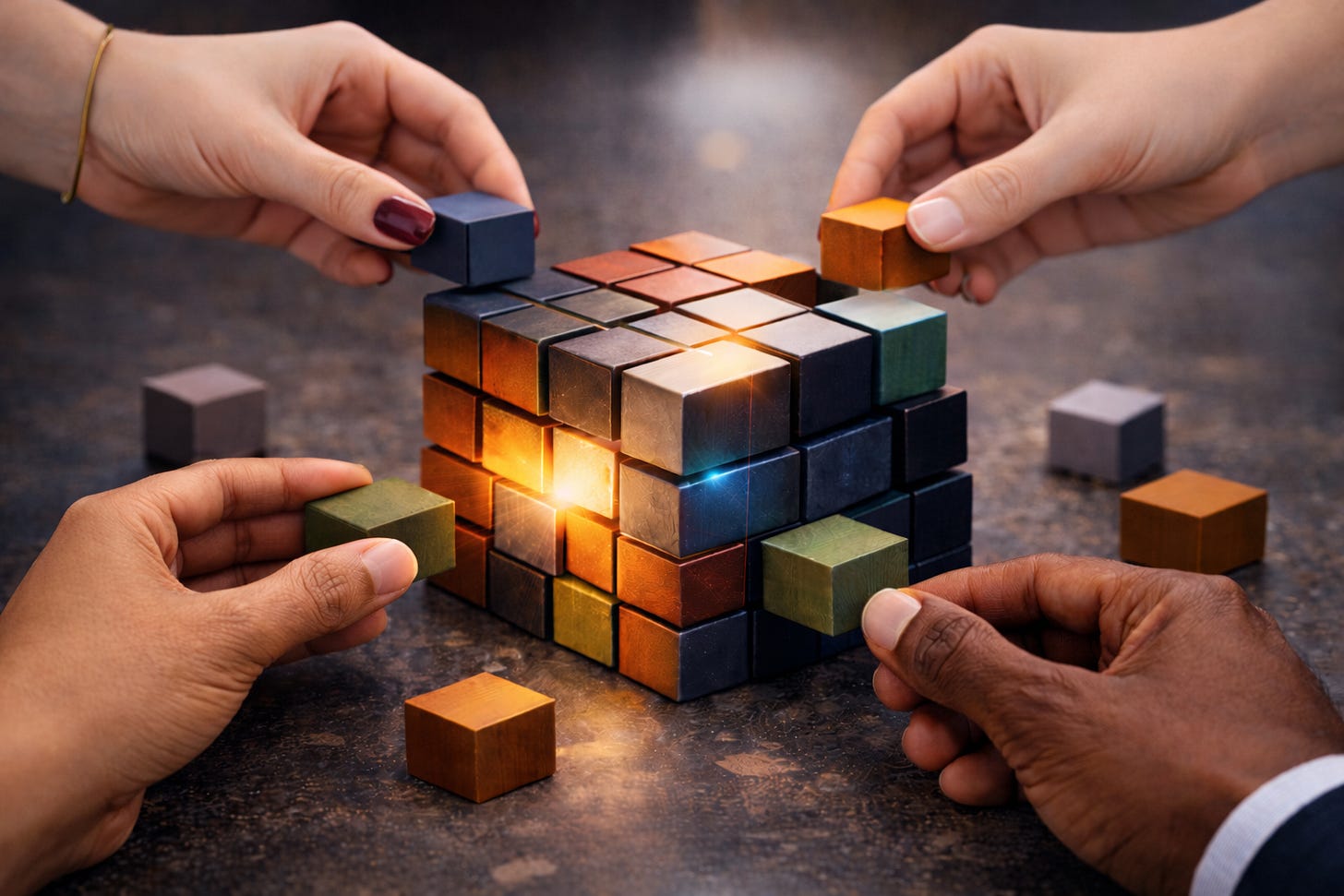 Four hands from different people carefully placing coloured wooden blocks to build a complex cube structure with a warm glow at its centre, suggesting collaborative, ongoing construction. Four hands from different people carefully placing coloured wooden blocks to build a complex cube structure with a warm glow at its centre, suggesting collaborative, ongoing construction.