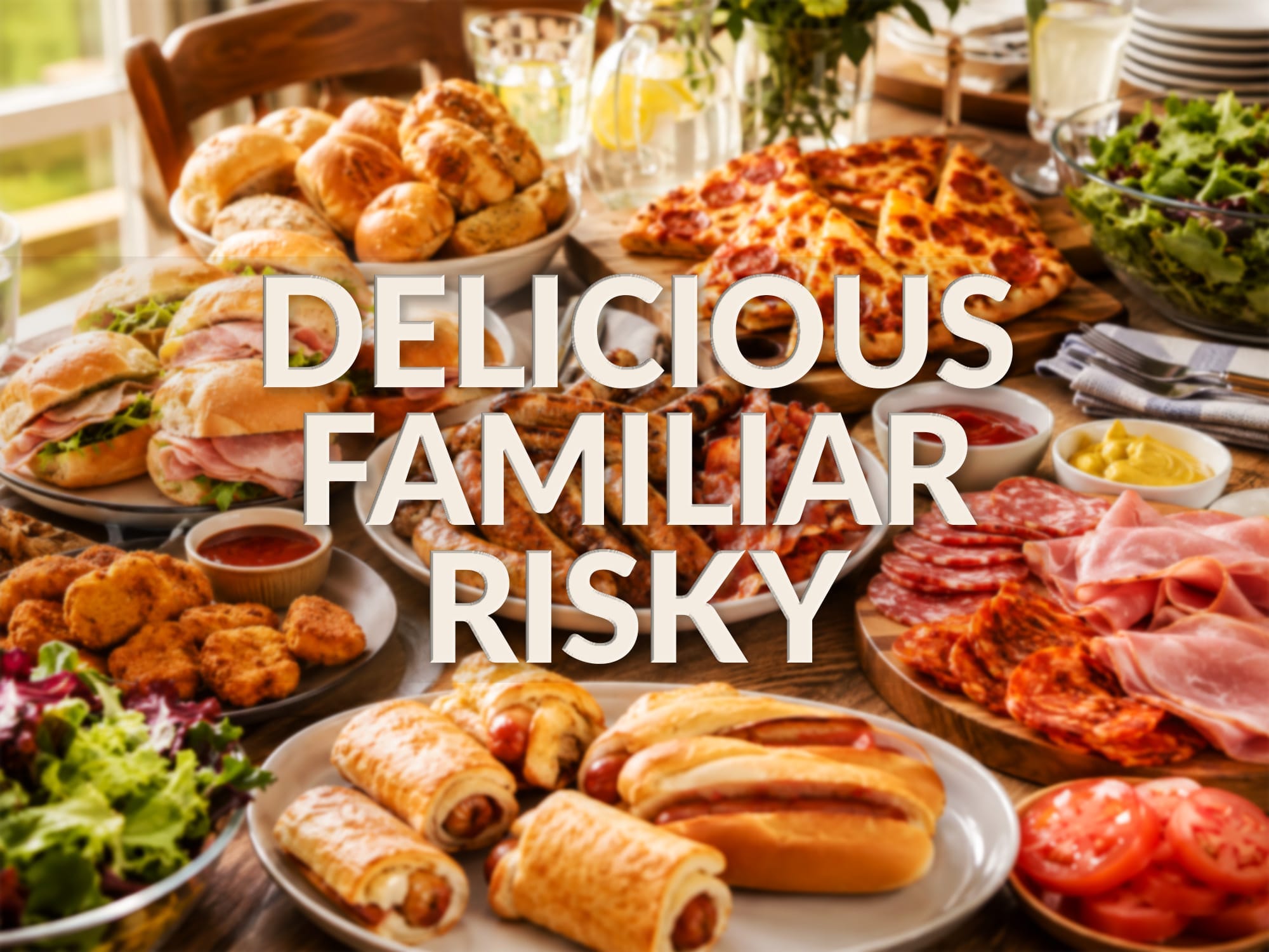 A selection of appetising processed meats laid out on a buffet table. Text overlying the image reads ‘Delicious, Familiar, Risky’ A selection of appetising processed meats laid out on a buffet table. Text overlying the image reads ‘Delicious, Familiar, Risky’