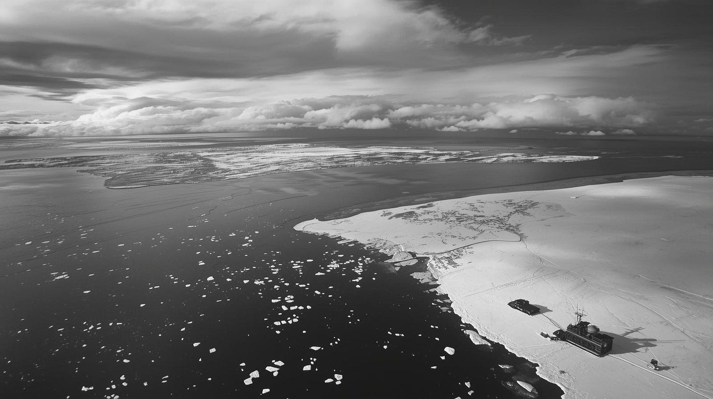 Black and white aerial reconnaissance photograph of the Bering Strait, circa 1950s, showing the narrow gap between Alaska and Soviet Siberia that terrified American military planners during the Cold War. Ice floes separate the two superpowers by less than three miles. A small Alaskan coastal village is visible against the frozen landscape. This proximity drove the creation of Operation Washtub, the classified FBI and Air Force program that recruited civilian Alaskans as stay-behind intelligence agents in case of Soviet invasion.