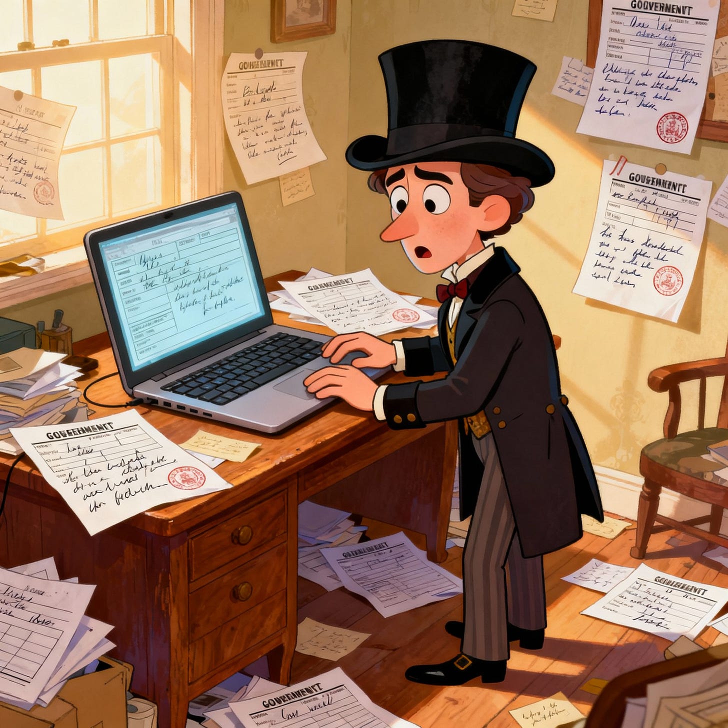 Victorian gentleman bewildered by modern rental bureaucracy and government forms Victorian gentleman bewildered by modern rental bureaucracy and government forms