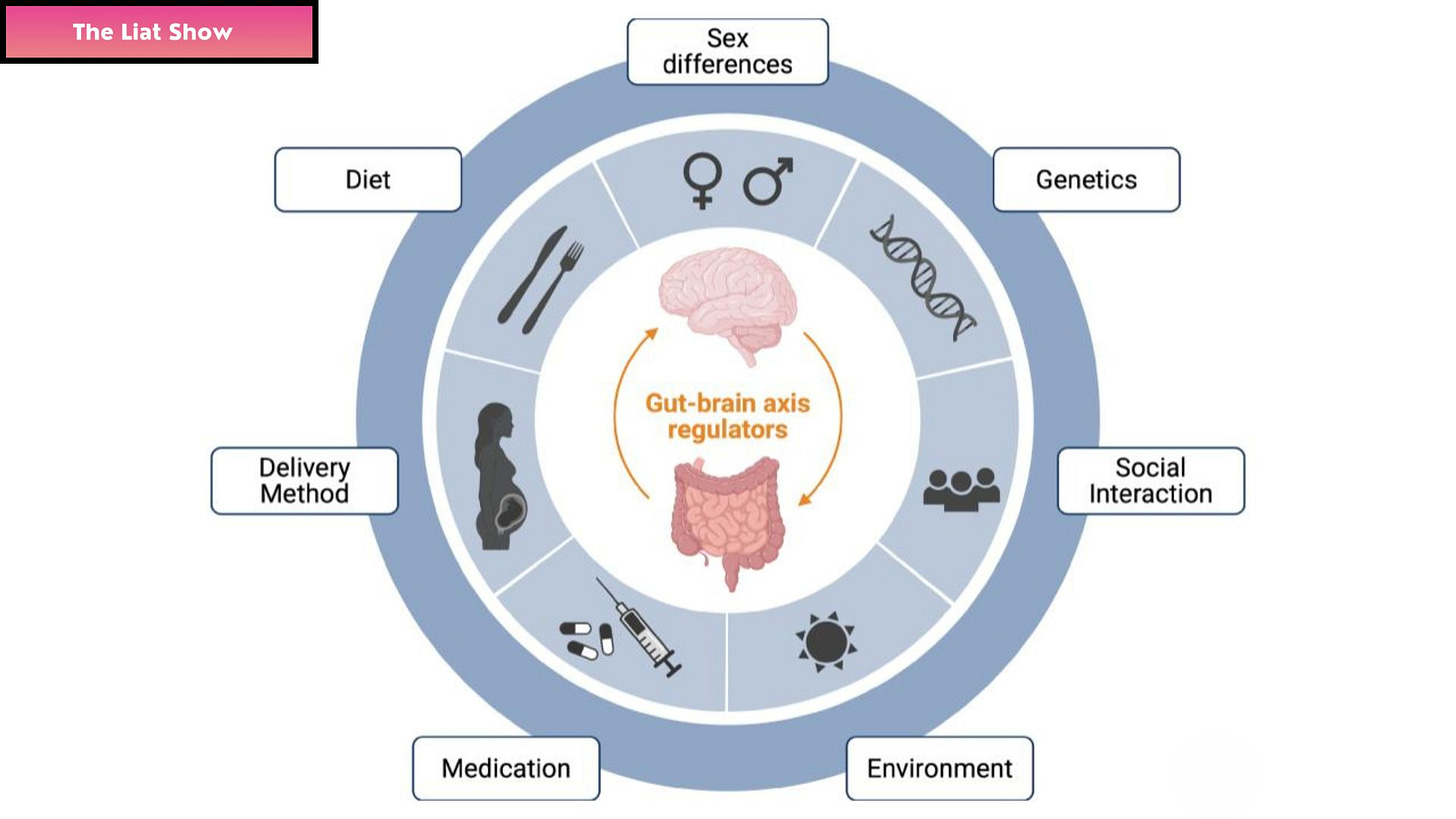 Liat Portal for The Liat Show: Gut-Brain Axis Regulators  Liat Portal for The Liat Show shows a scientific diagram titled “Gut-brain axis regulators,” with a brain and digestive system at the center and surrounding categories that include sex differences, genetics, social interaction, environment, medication, delivery method, and diet. The image supports the fifth episode in the Parkinson’s series by Liat Portal, written with Dr. Minna Schmidt, and connects the gut-brain axis, microbiome research, environmental factors, genetics, diet, medication, social interaction, and the scientific effort to understand Parkinson’s beyond visible symptoms. gut brain axis, microbiome research, environmental factors, biological regulation, Parkinson’s science