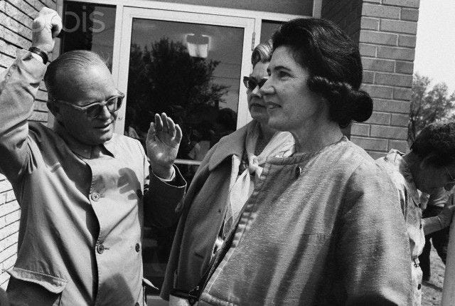 Writers Truman Capote and Harper Lee (R) walk through the streets of Holcomb. The two had returned to the town for the filming of the movie "In Cold Blood", based on Capote's Writers Truman Capote and Harper Lee (R) walk through the streets of Holcomb. The two had returned to the town for the filming of the movie "In Cold Blood", based on Capote's