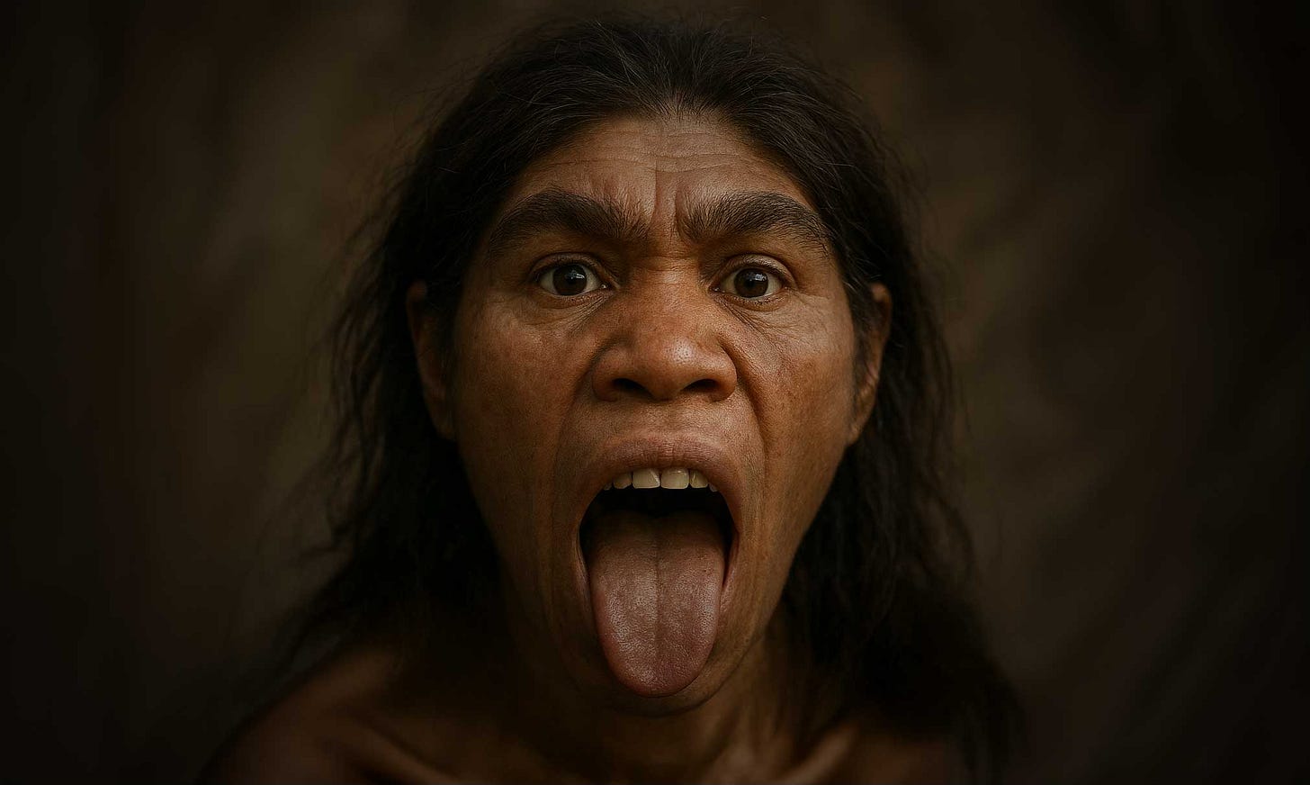 Image of an artist imagining of a Denisovan with tongue sticking out