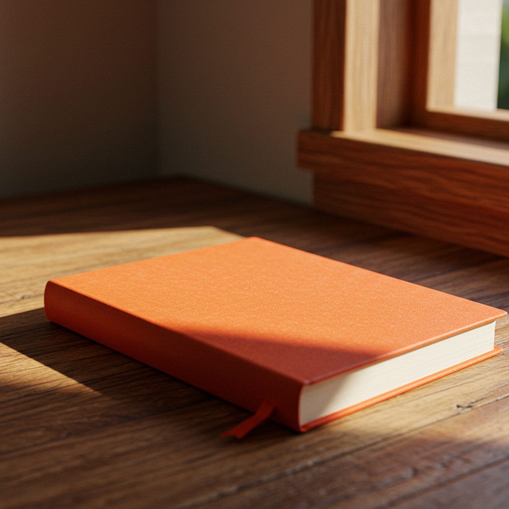 Eye-level shot of an orange hardcover notebook on a wooden table. Sunlight streams through a window to the right, creating a sharp line of light and shadow across the book. A small red bookmark ribbon hangs from the bottom of the book. The background shows a wooden window frame and a corner of a wall in soft focus.