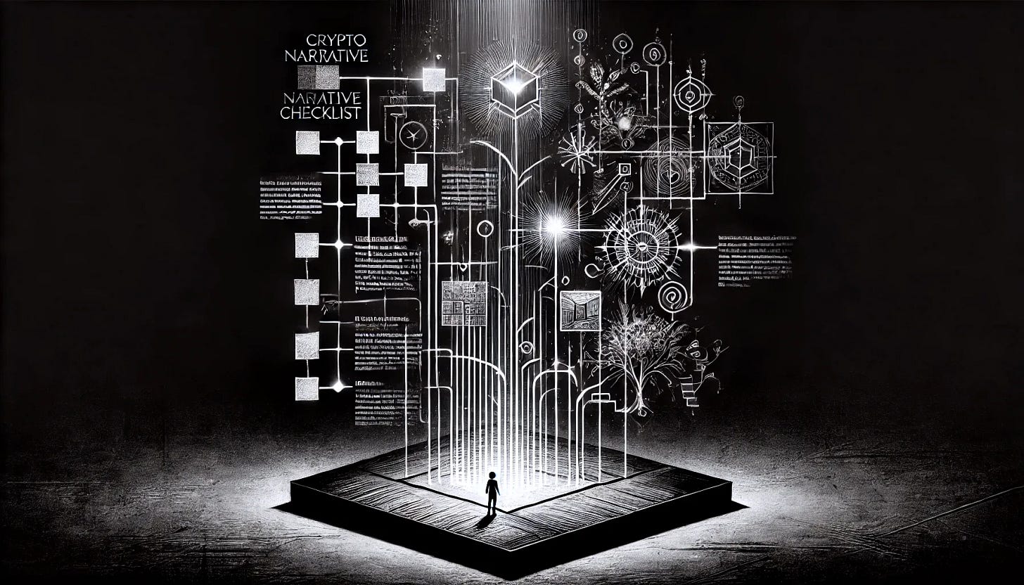 A minimalist, epic black-and-white sketch designed for Substack headers, combining the concept of a crypto narrative checklist with a visually striking, high-contrast artistic design. The image features a structured checklist over a deep black background, with glowing, hand-drawn typography and subtle engravings. Around the checklist, a small person stands at the base of an abstract, towering structure representing interconnected ideas, with simple shapes at the bottom that gradually become more intricate and chaotic as they ascend. The composition blends futuristic and minimal aesthetics, making complex concepts visually engaging. Optimized for Substack header dimensions.